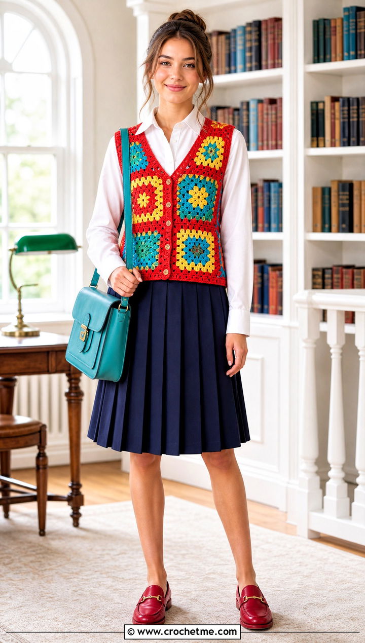 Color Block Granny Square Waistcoat With Preppy Skirt - 35 granny square waistcoat outfit ideas