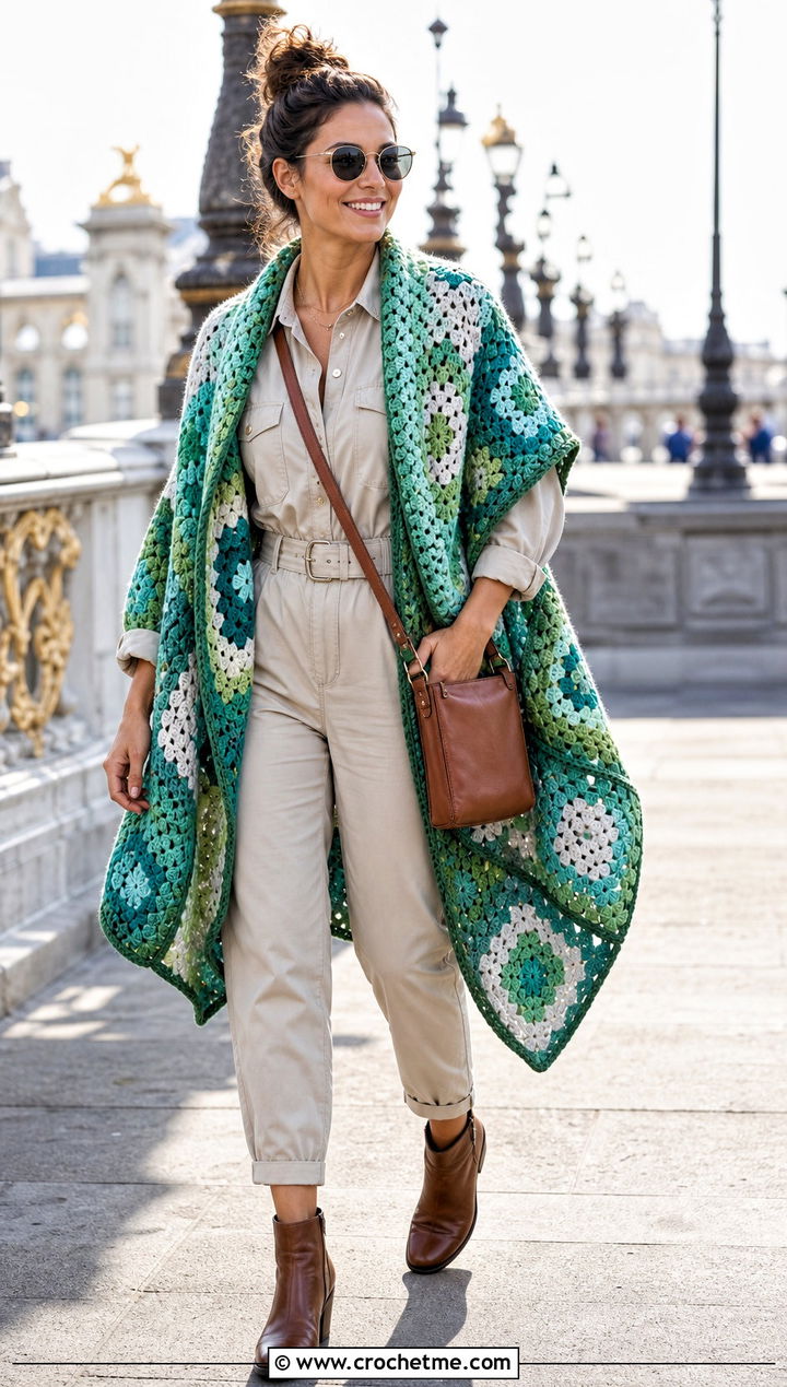 Color Block Granny Square Wrap With Utility Jumpsuit - 30 granny square wrap outfit ideas