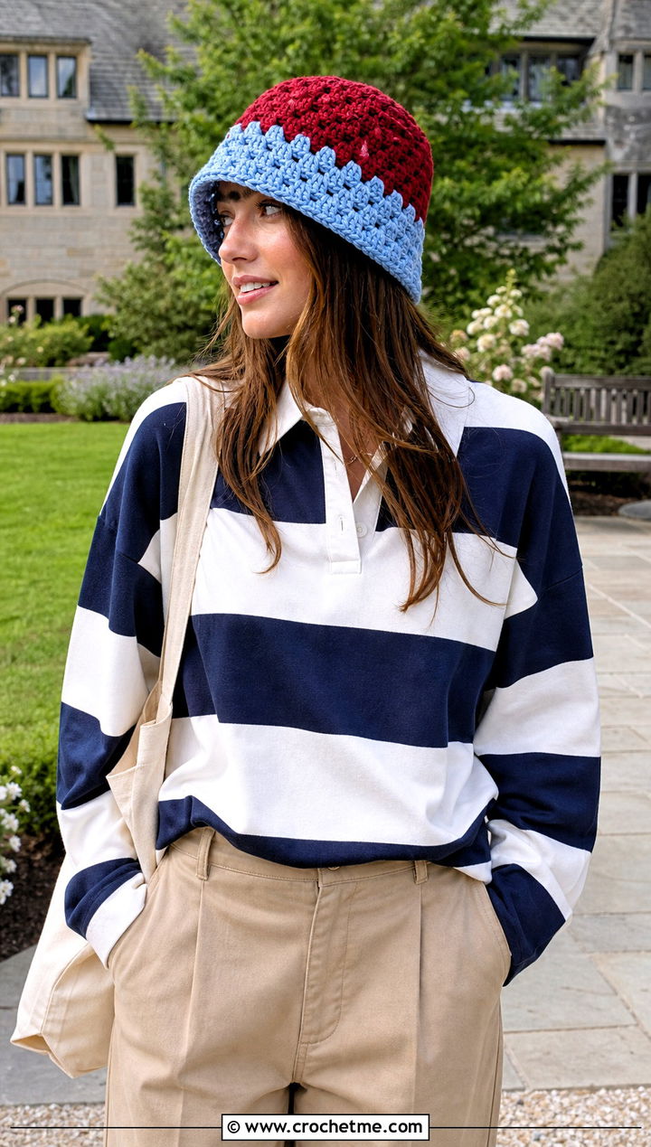 Color Block Granny Stitch Hat With Rugby Shirt And Chinos - 30 crochet granny stitch hat outfit ideas