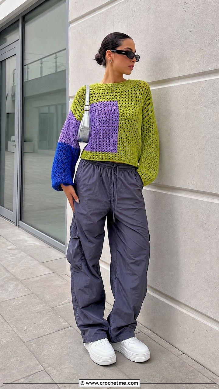 Color Block Green Crochet Sweater With Parachute Pants - 35 green crochet sweater outfit ideas