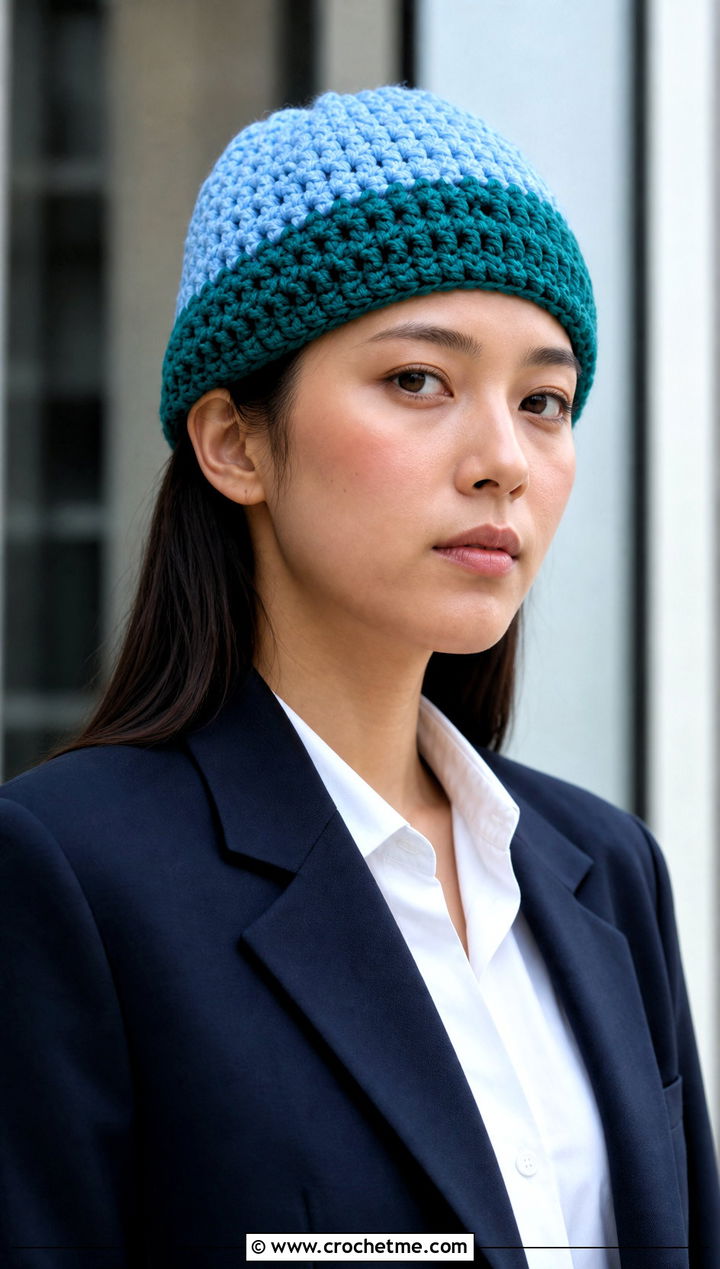 Color Block HDC Crochet Beanie With Blazer And Trousers - 20 hdc crochet beanie outfit ideas