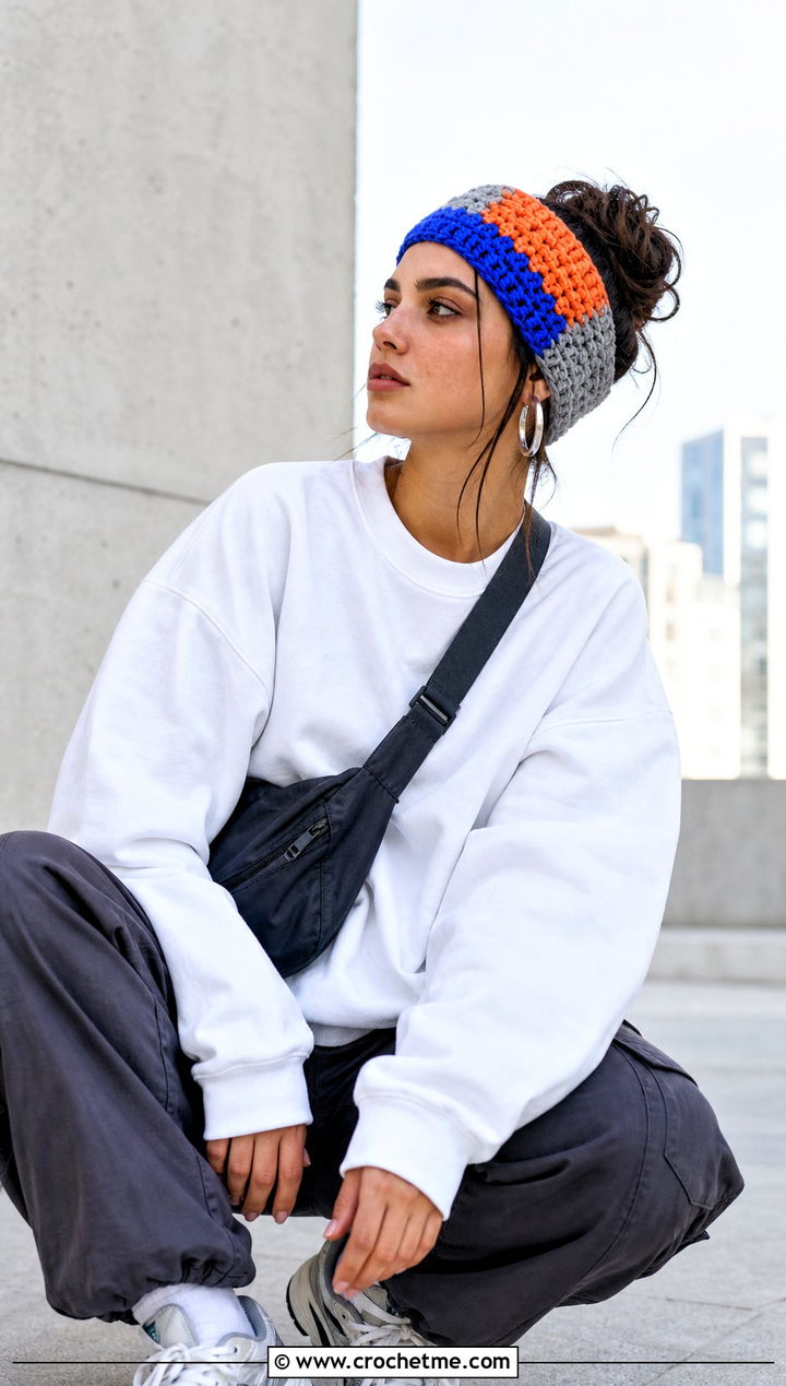 Color Block Hair Tie Crochet Headband With Sweatshirt And Cargo Pants - 15 crochet headband using hair tie outfit ideas