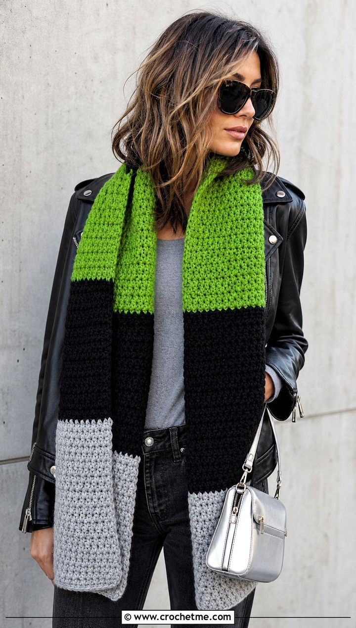 Color Block Half Double Crochet Scarf With Leather Jacket - 20 Half Double Crochet Scarf outfit ideas