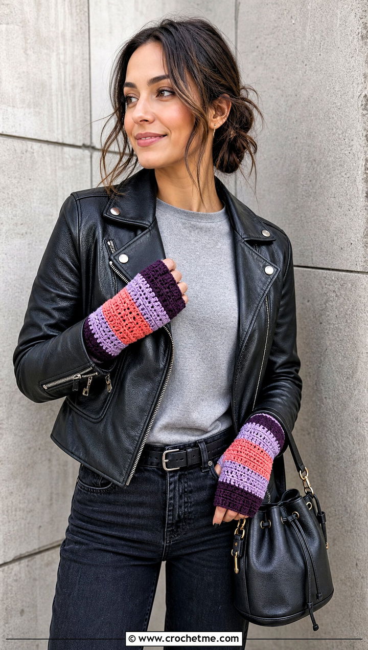 Color Block Half Finger Gloves With Leather Jacket - 30 crochet half finger gloves outfit ideas