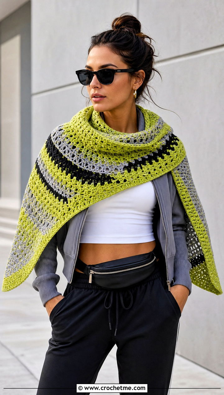 Color Block Half Moon Crochet Shawl With Track Pants And Sneakers - 25 Half Moon Crochet Shawl outfit ideas
