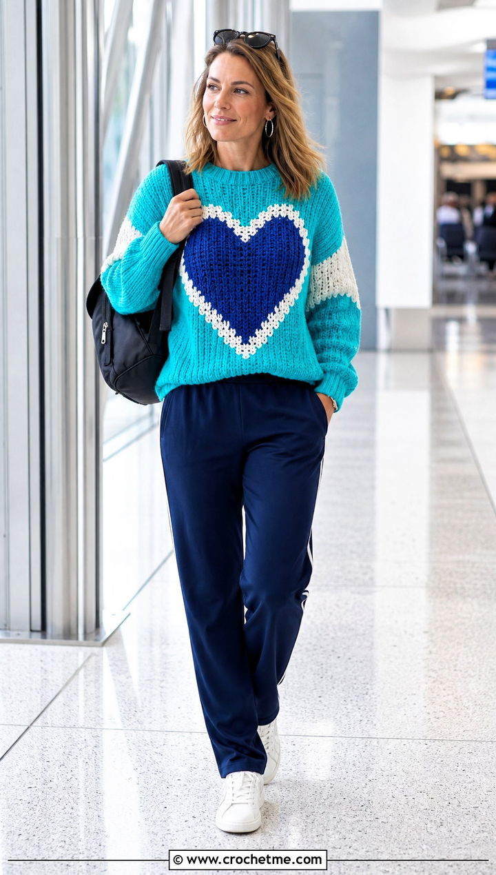 Color Block Heart Jumper With Track Pants - 30 crochet heart jumper outfit ideas