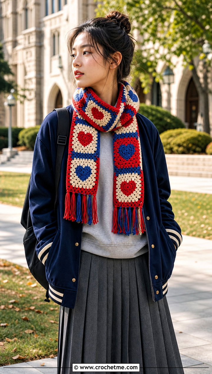 Color Block Heart Scarf With Varsity Jacket - 25 crochet heart scarf outfit ideas