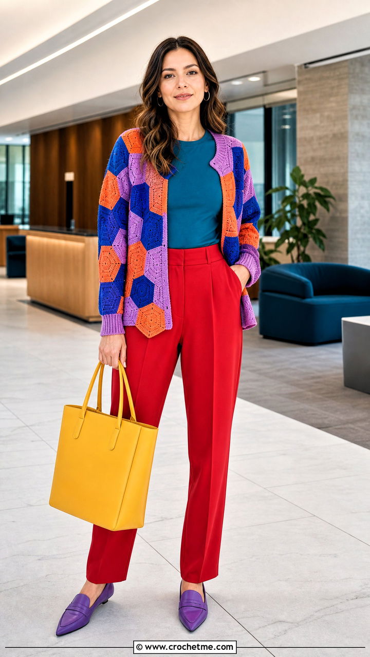 Color Block Hexagon Cardigan With Tailored Trousers - 35 crochet hexagon cardigan outfit ideas