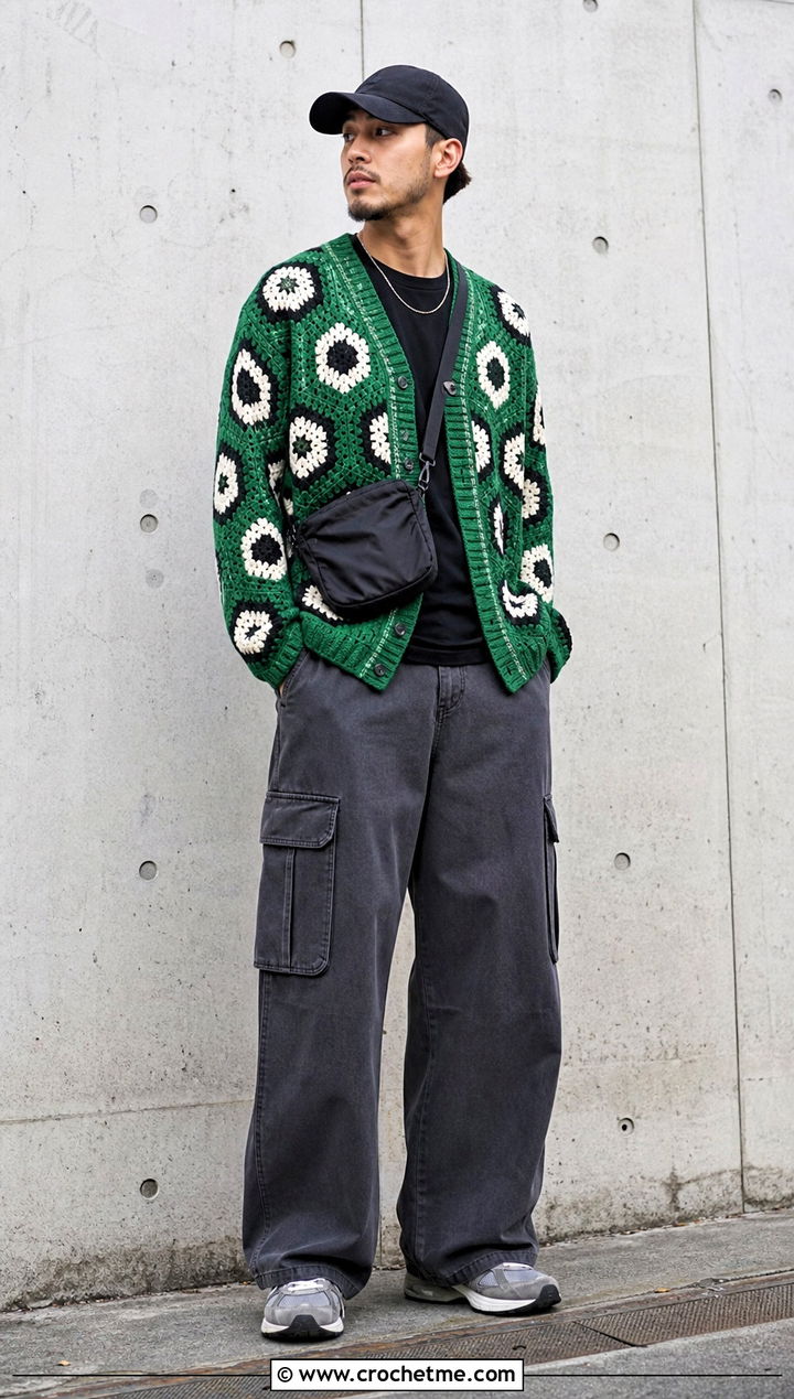 Color Block Hexagon Crochet Cardigan With Cargo Pants - 35 men hexagon crochet cardigan outfit ideas