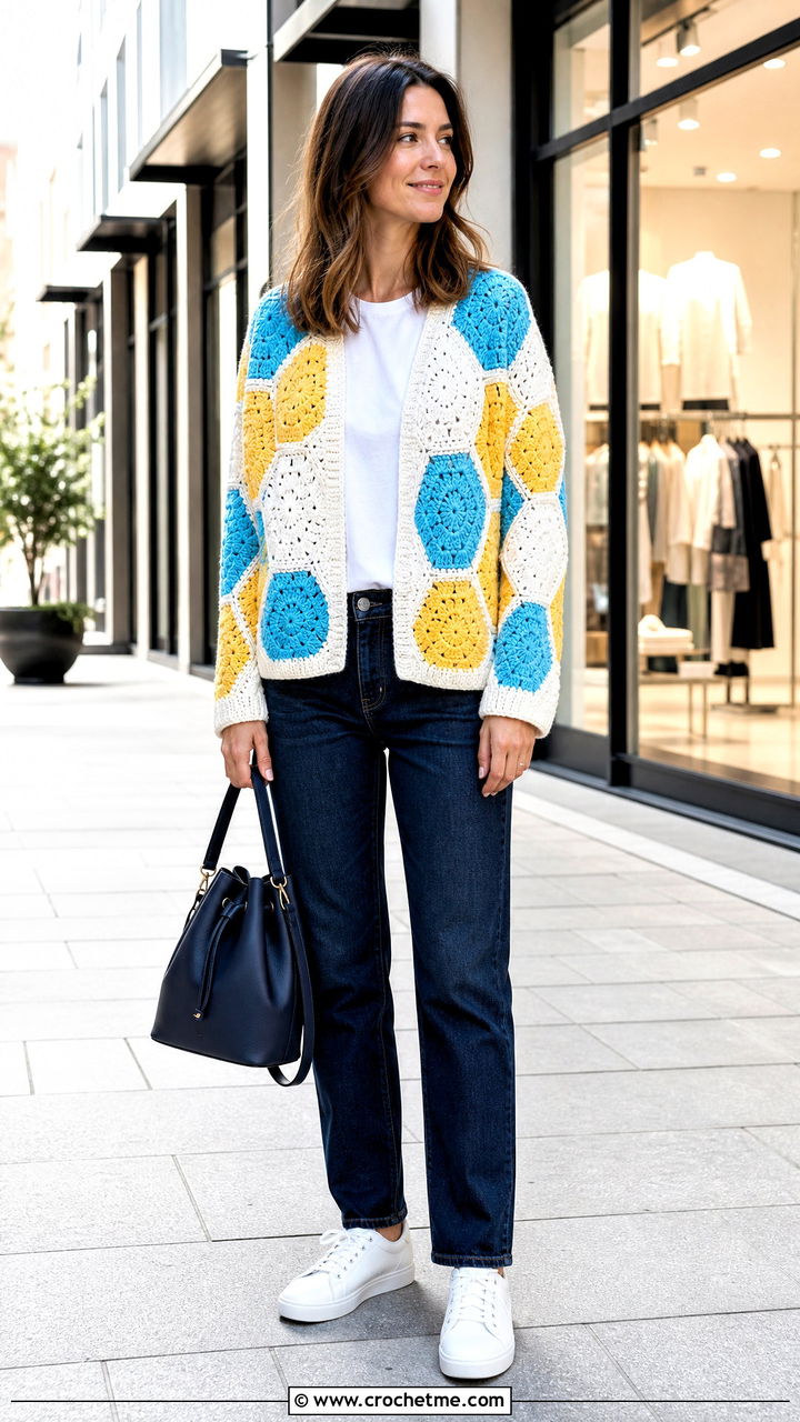 Color Block Hexagon Crochet Cardigan With Straight Leg Jeans - 35 hexagon crochet cardigan outfit ideas