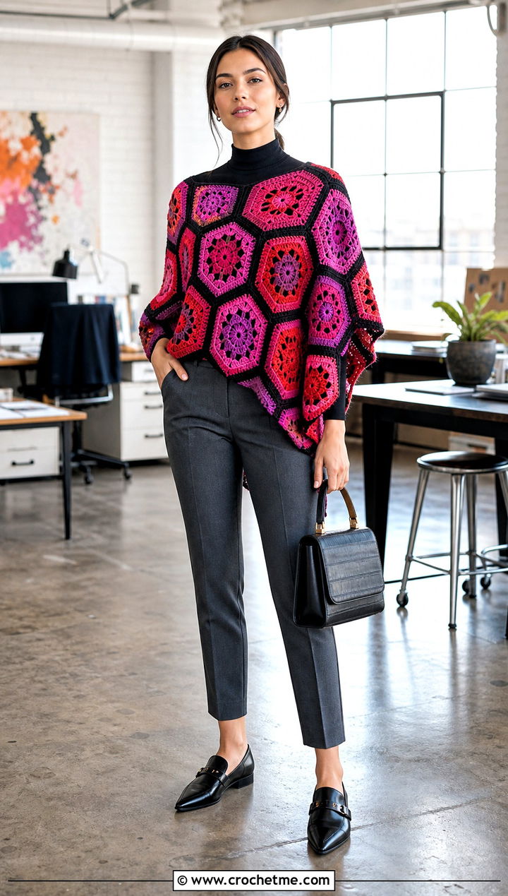 Color Block Hexagon Crochet Poncho With Tailored Trousers - 20 Hexagon Crochet Poncho outfit ideas