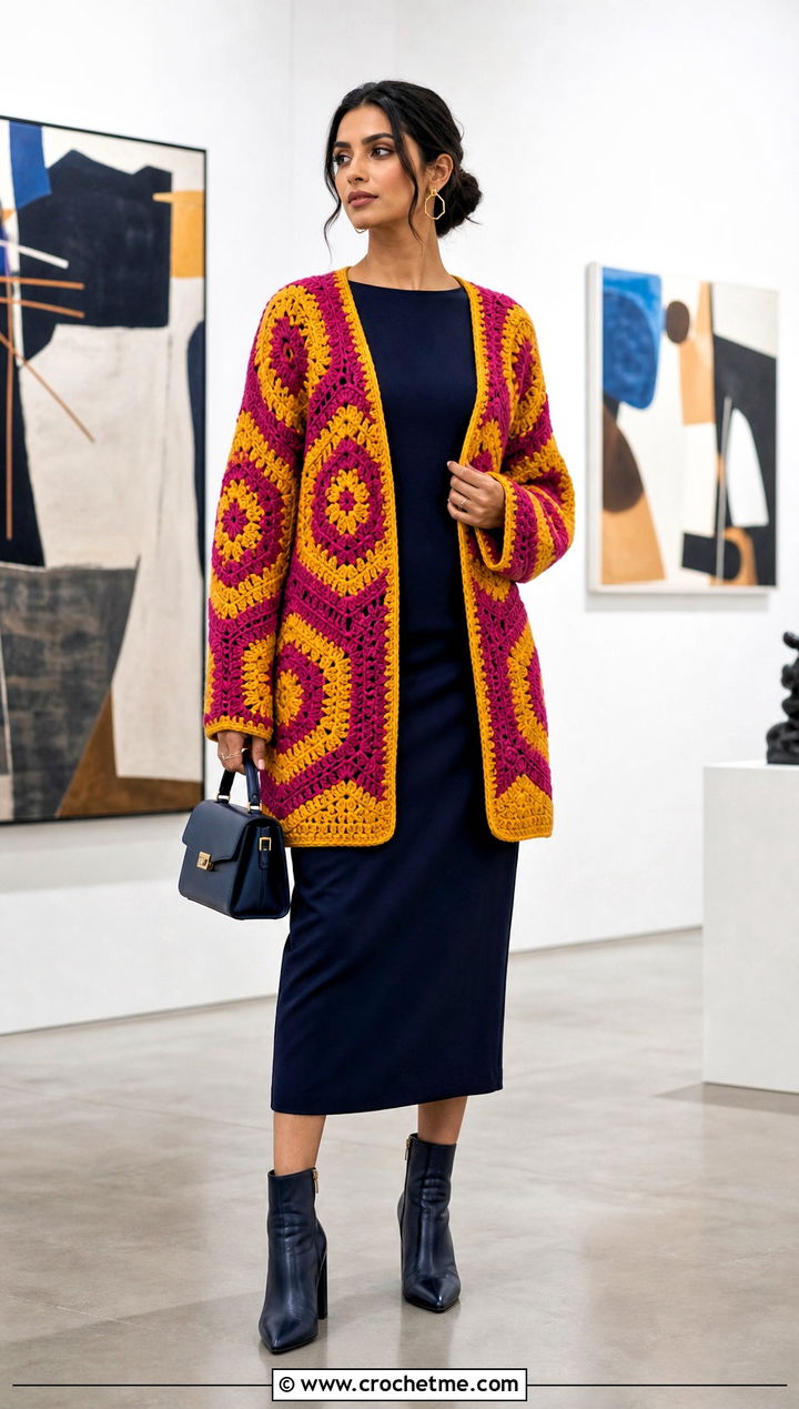 Color Block Hexagon Granny Square Cardigan With Column Dress - 35 hexagon granny square sweater outfit ideas