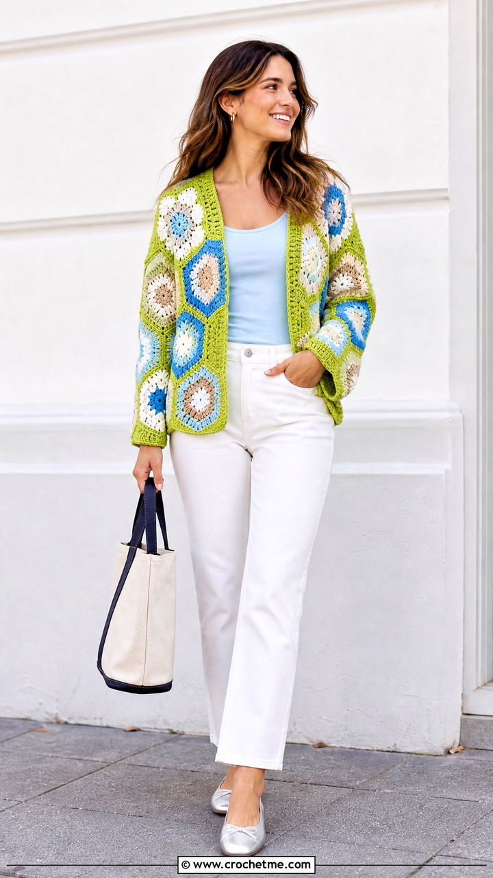 Color Block Hexagon Granny Square Cardigan With White Jeans - 35 hexagon granny square cardigan outfit ideas