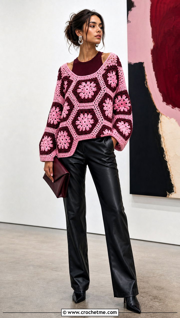Color Block Hexagon Granny Square Pullover With Leather Pants - 25 Hexagon Granny Square Pullover outfit ideas