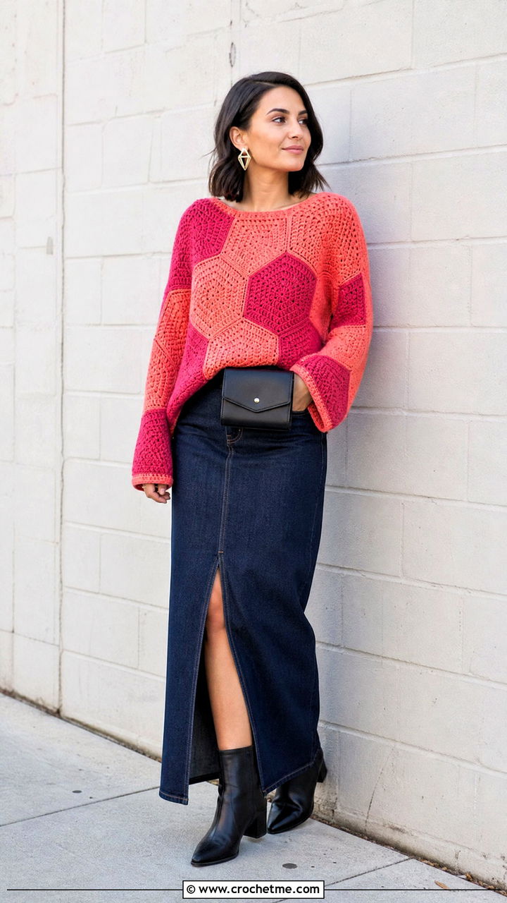 Color Block Hexagon Pullover With Denim Maxi Skirt - 35 crochet hexagon pullover outfit ideas
