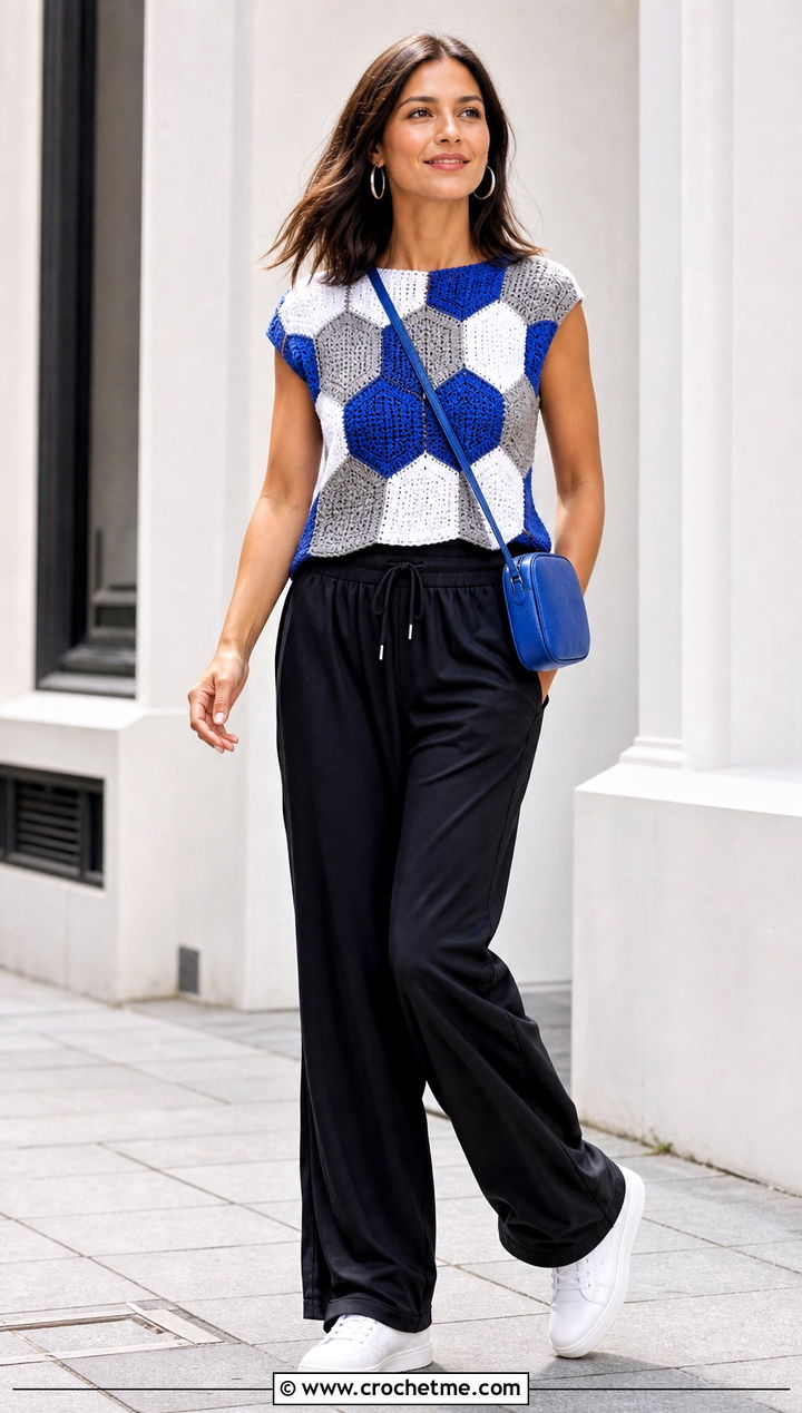 Color Block Hexagon Top With Track Pants - 35 crochet hexagon top outfit ideas