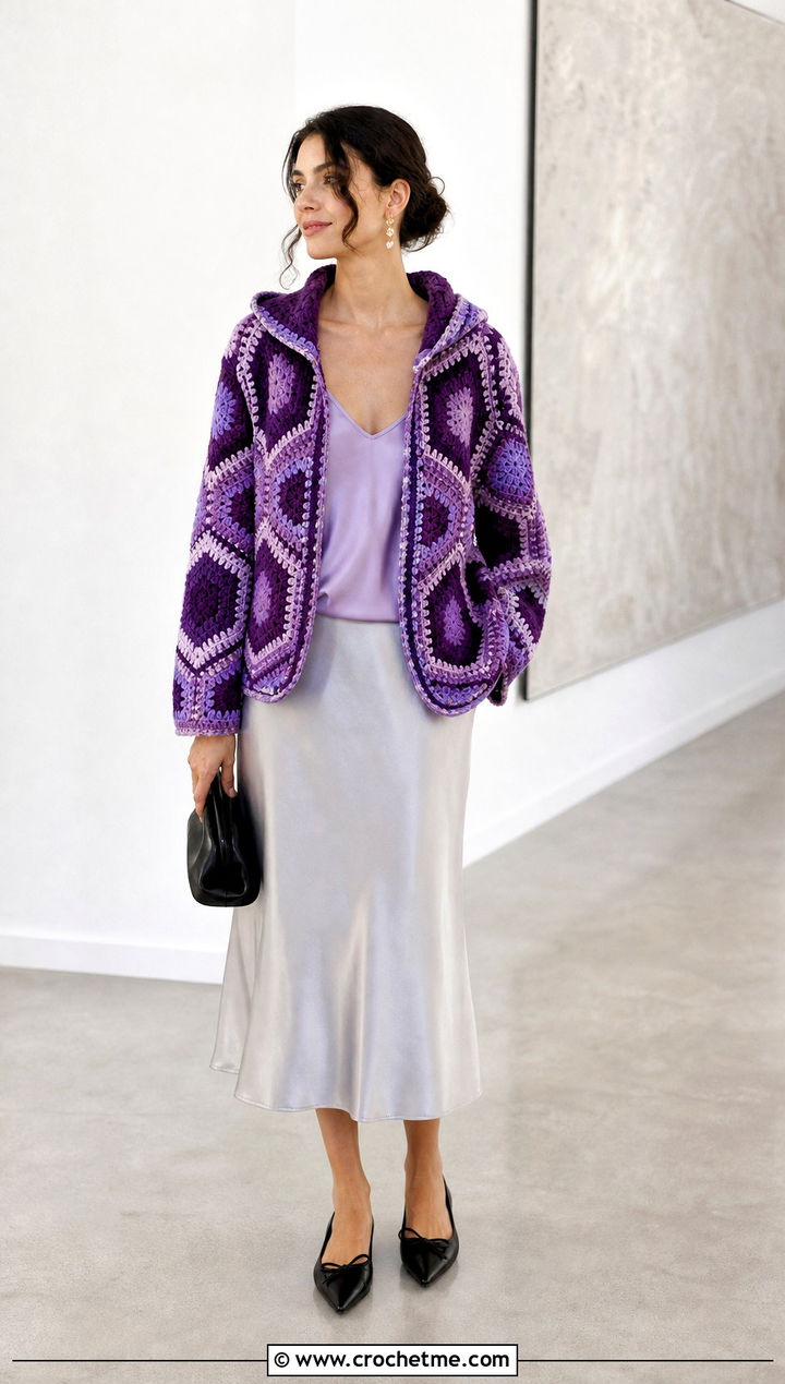 Color Block Hexi Crochet Hoodie With Satin Midi Skirt - 20 hexi crochet hoodie outfit ideas