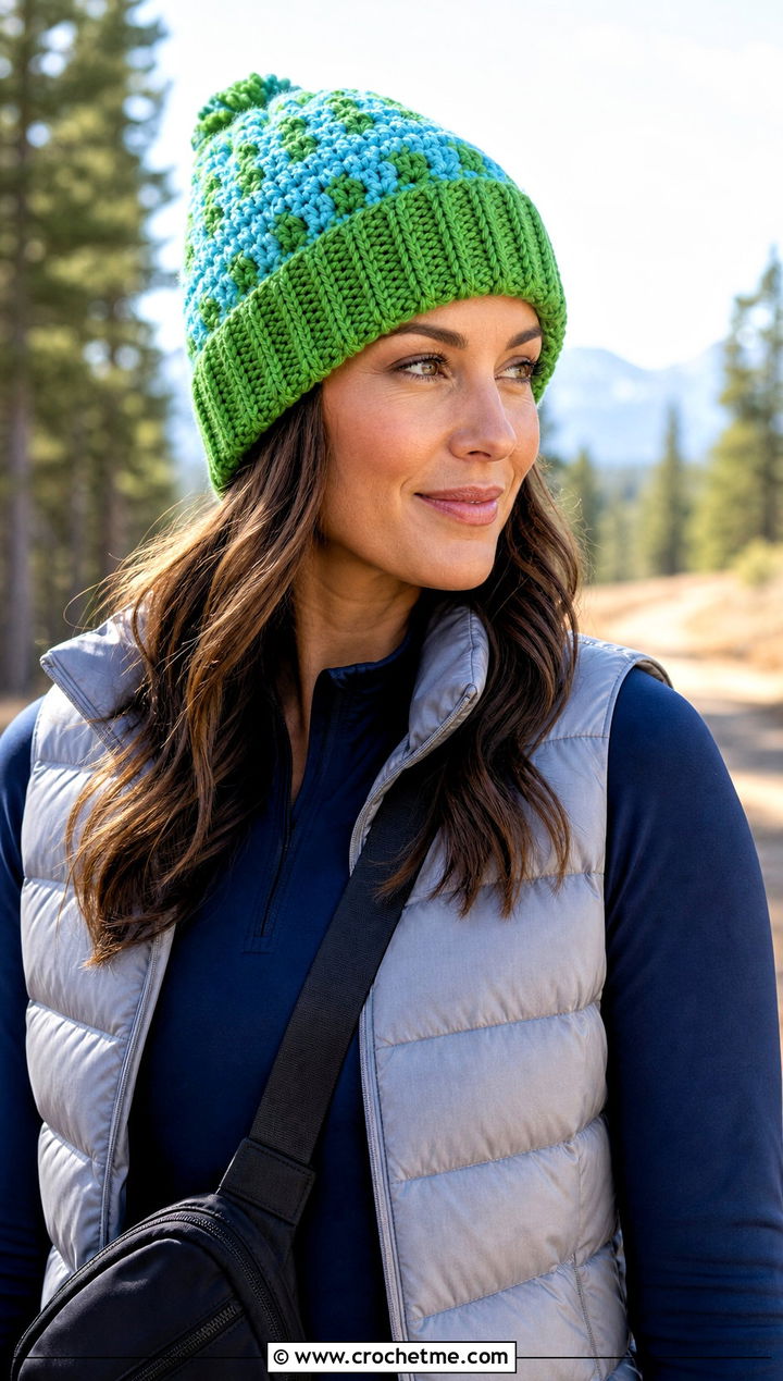 Color Block Highland Crochet Beanie With Puffer Vest - 15 highland crochet beanie outfit ideas