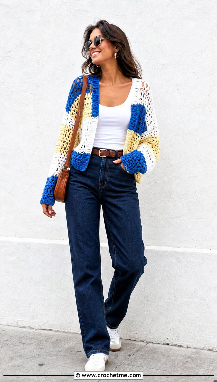 Color Block Hollow Out Crochet Sweater With Straight Jeans - 25 Hollow Out Crochet Sweater outfit ideas