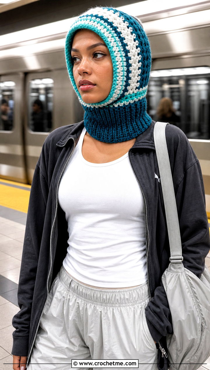 Color Block Hooded Cowl Helmet Balaclava With Track Jacket - 25 crochet helmet balaclava outfit ideas