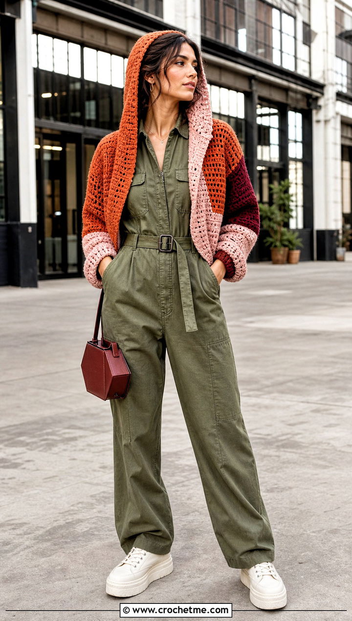 Color Block Hooded Crochet Bolero With Utility Jumpsuit - 25 hooded crochet bolero outfit ideas