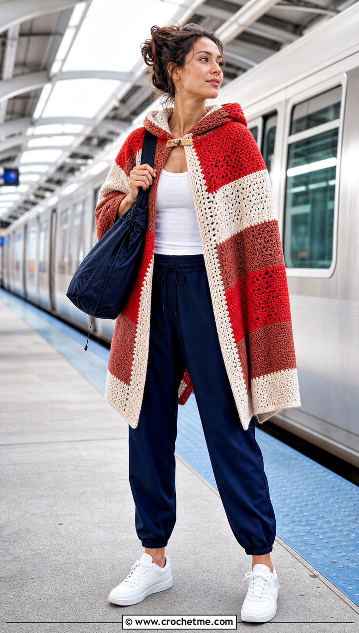 Color Block Hooded Crochet Cape With Track Pants - 25 Hooded Crochet Cape outfit ideas
