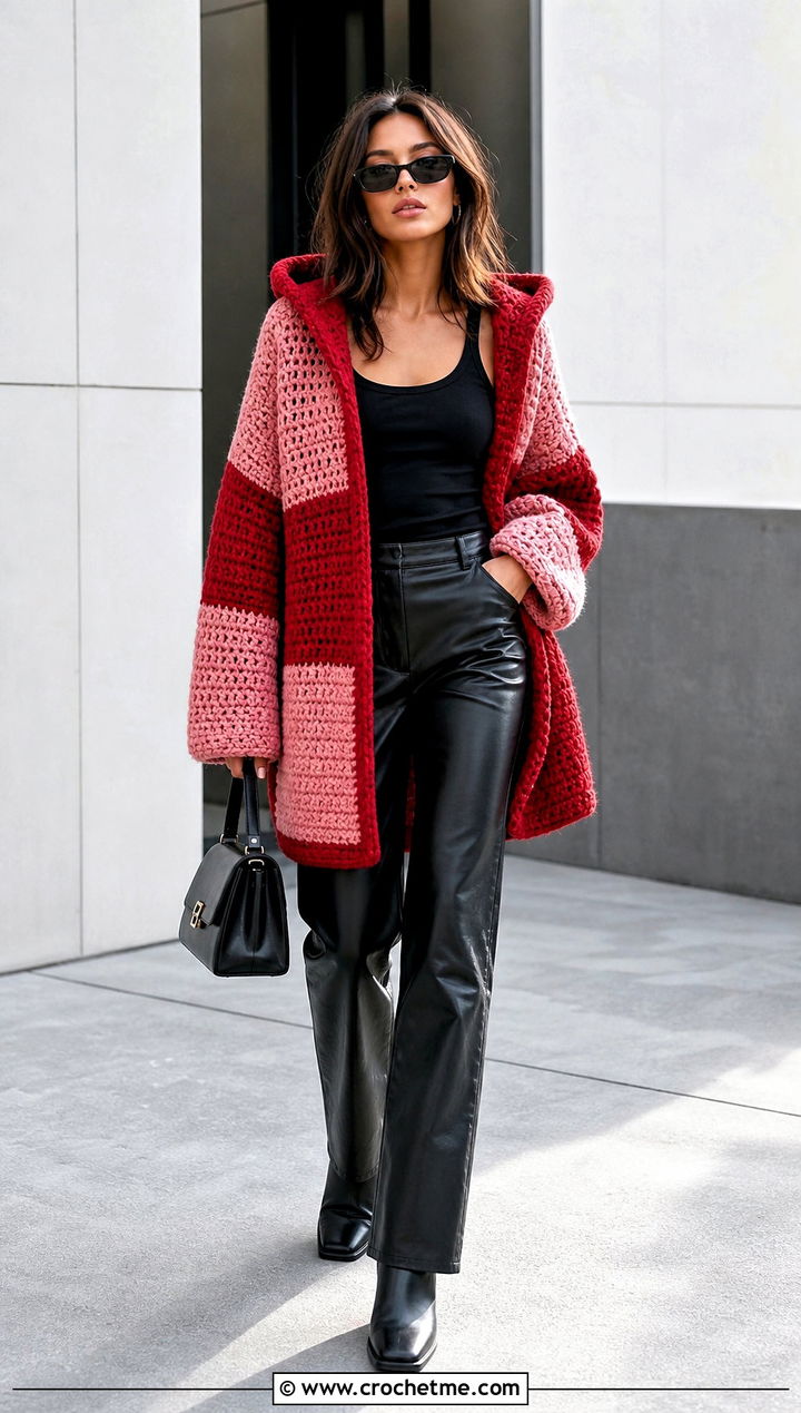 Color Block Hooded Crochet Cardigan With Leather Pants - 35 hooded crochet cardigan outfit ideas
