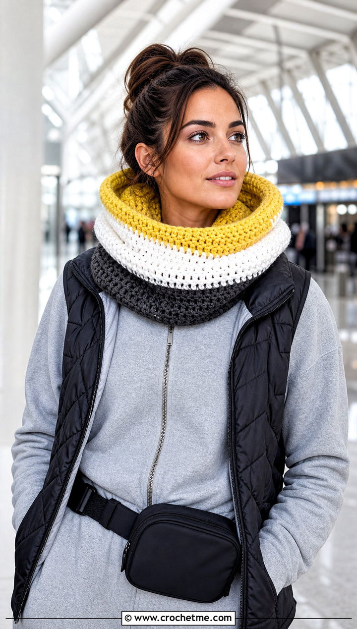Color Block Hooded Crochet Cowl Snood With Tracksuit - 25 hooded crochet cowl snood outfit ideas