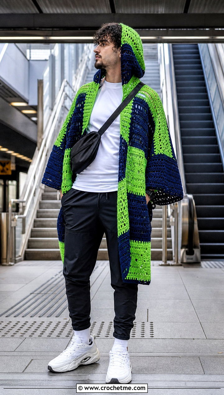 Color Block Hooded Crochet Poncho With Track Pants - 15 mens hooded crochet poncho outfit ideas