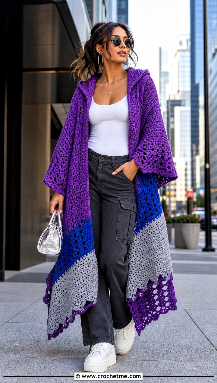 Color Block Hooded Crochet Ruana With Cargo Pants - 20 Hooded Crochet Ruana outfit ideas