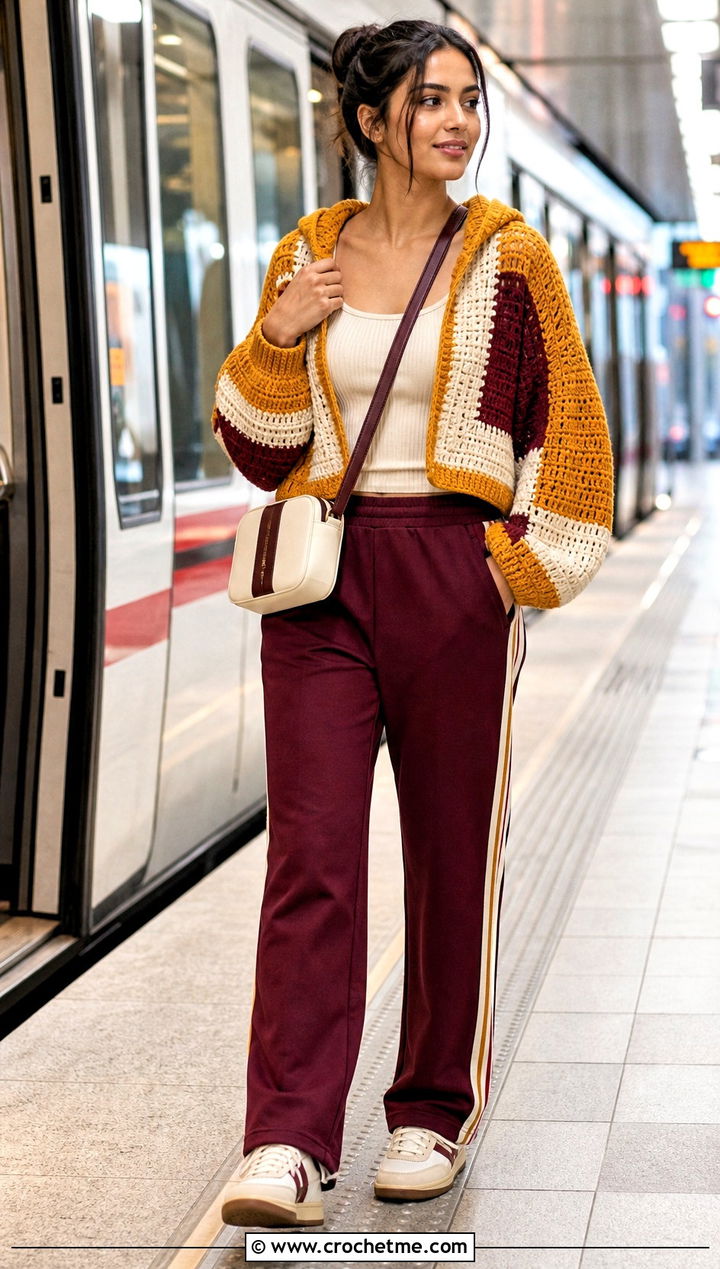 Color Block Hooded Crochet Shrug With Track Pants - 25 hooded crochet shrug outfit ideas