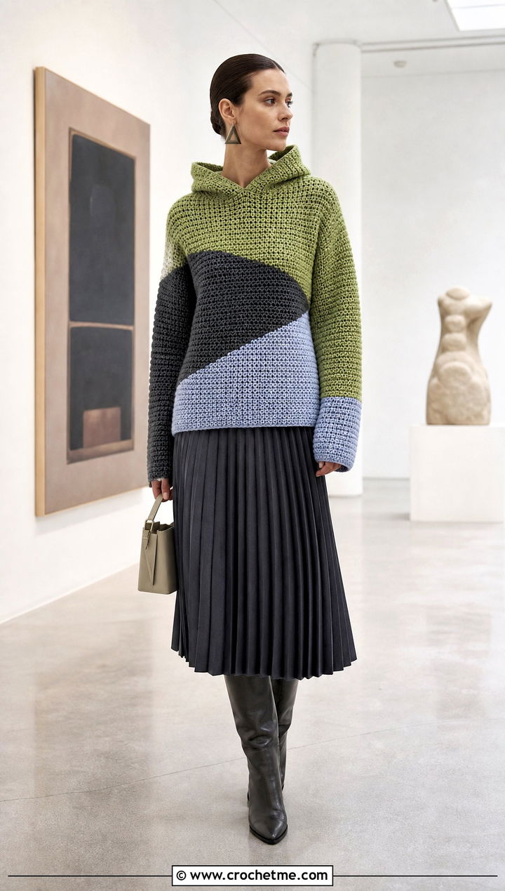 Color Block Hooded Crochet Sweater With Pleated Midi Skirt - 25 Hooded Crochet Sweater outfit ideas