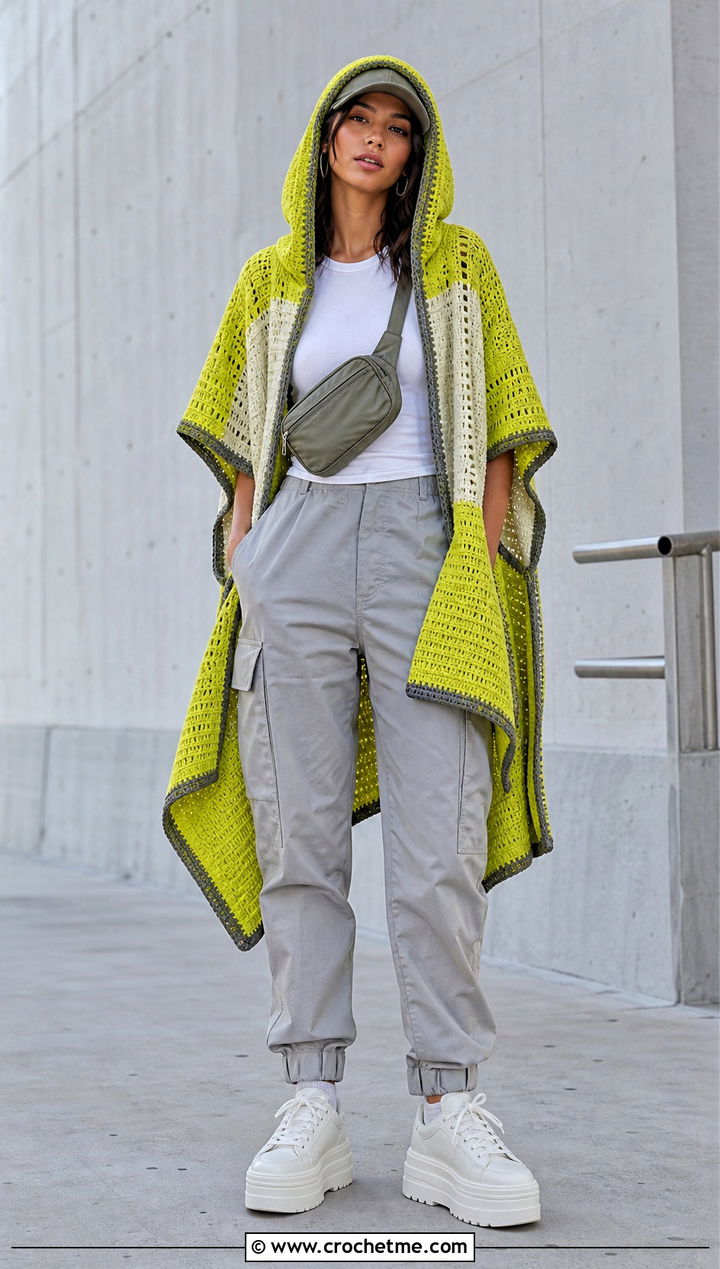 Color Block Hooded Poncho With Cargo Pants - 35 Crochet Hooded Poncho outfit ideas