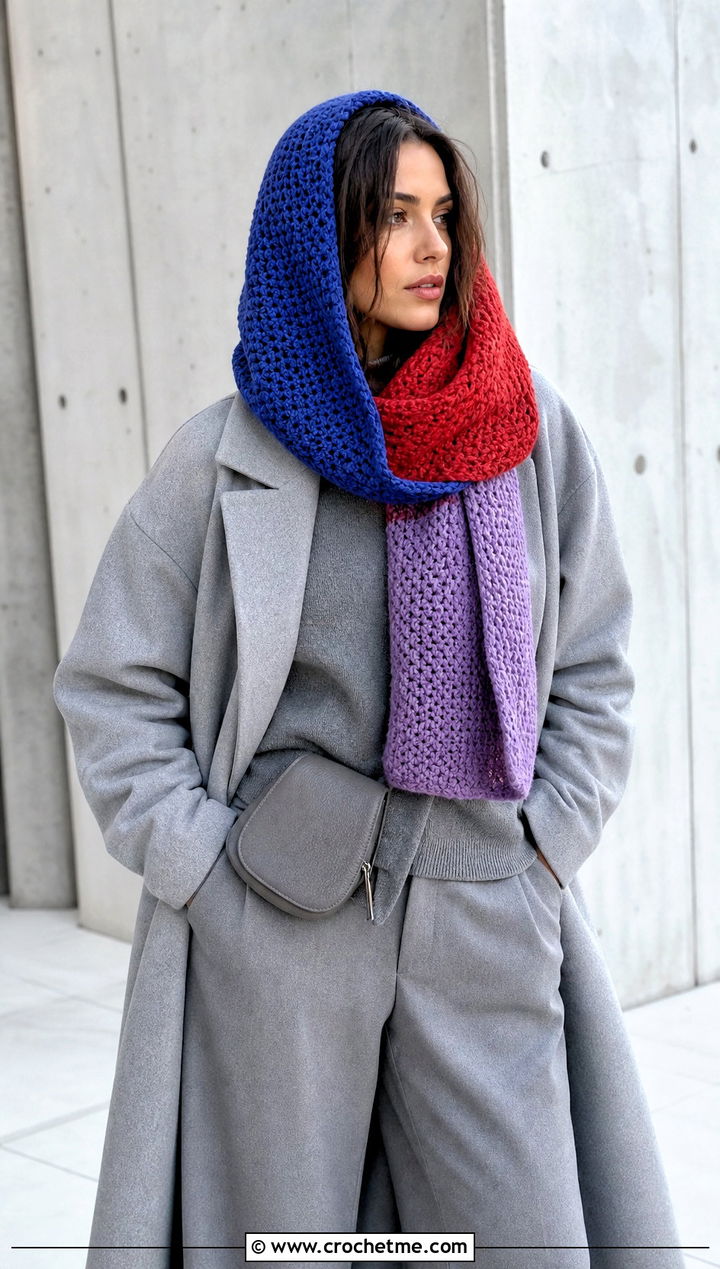 Color Block Hooded Scarf With Monochrome Outfit - 25 Crochet Hoodie Scarf outfit ideas