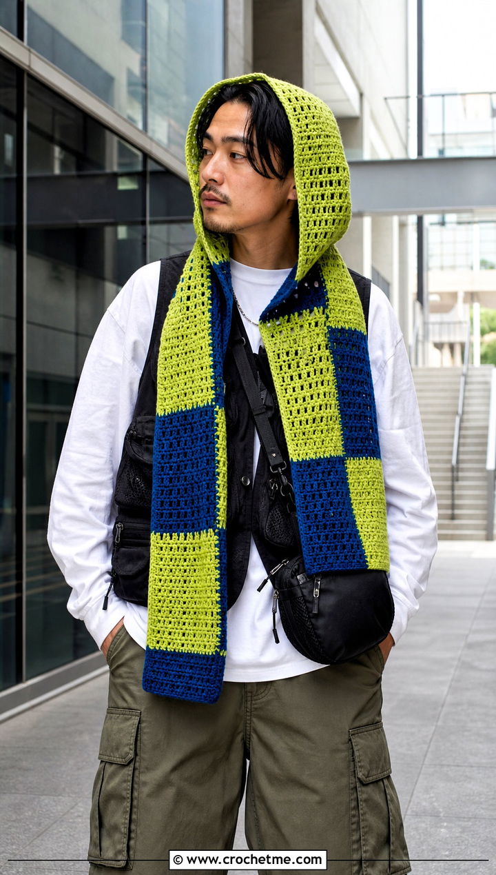 Color Block Hooded Scarf With Utility Vest - 20 Crochet Hooded Scarf For Men outfit ideas
