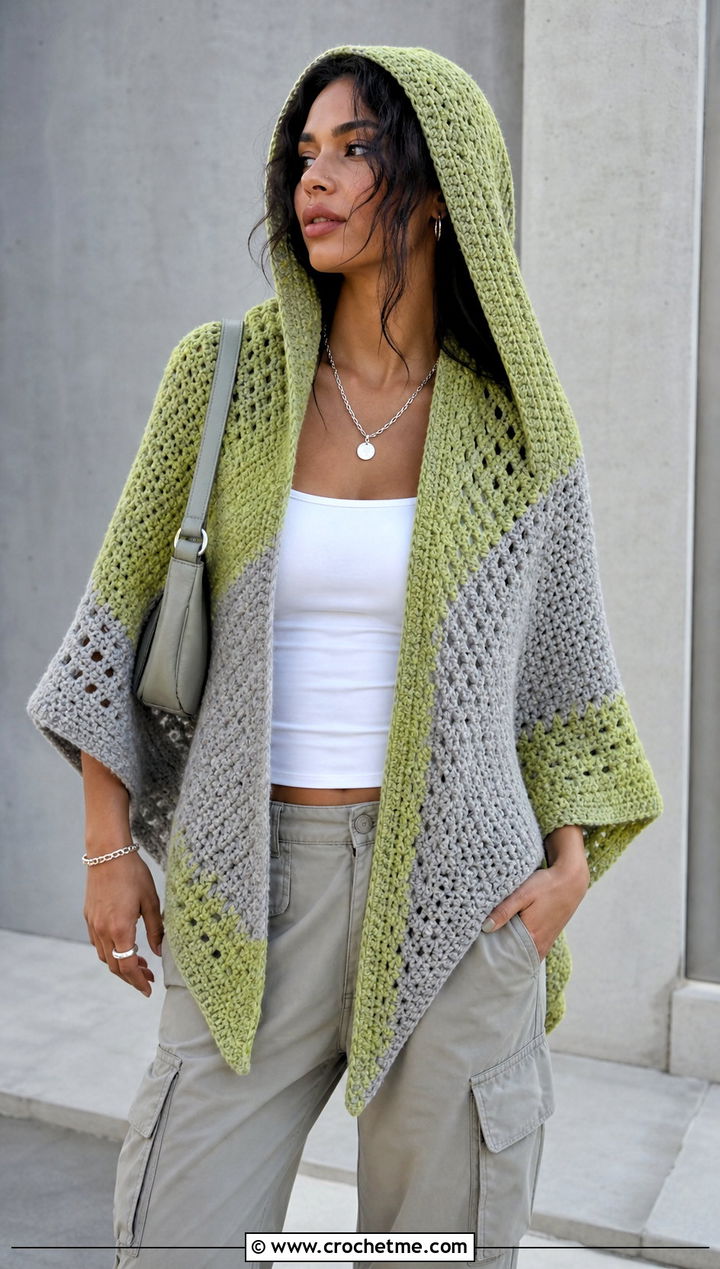 Color Block Hooded Triangle Crochet Shawl With Cargo Pants - 25 Hooded Triangle Crochet Shawl outfit ideas