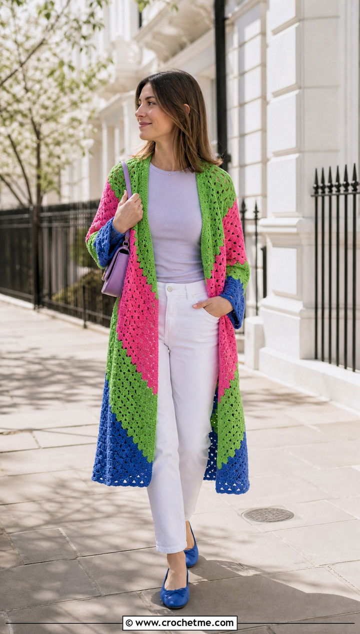 Color Block Howl Crochet Coat With White Jeans - 25 howl crochet coat outfit ideas