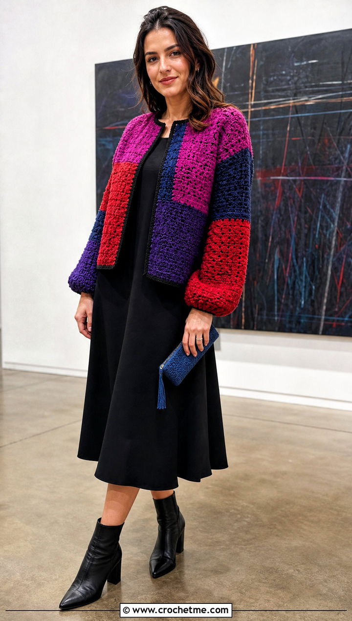 Color Block Howls Crochet Jacket With Black Midi Dress - 25 Howl's Crochet Jacket outfit ideas