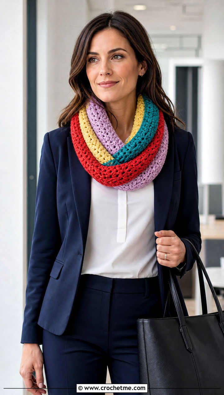 Color Block Infinity Crochet Scarf With Blazer - 25 multi colored crochet scarf outfit ideas