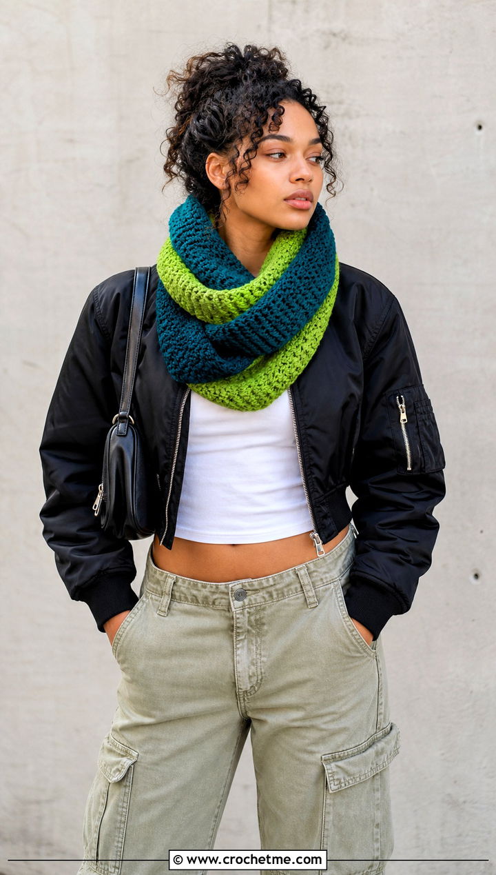 Color Block Infinity Crochet Scarf With Bomber Jacket - 15 Infinity Crochet Scarf outfit ideas