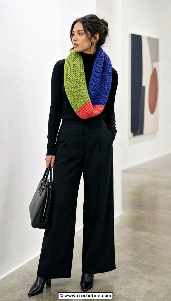 Color Block Infinity Scarf With Monochrome Outfit - 15 One Skein Crochet Infinity Scarf outfit ideas