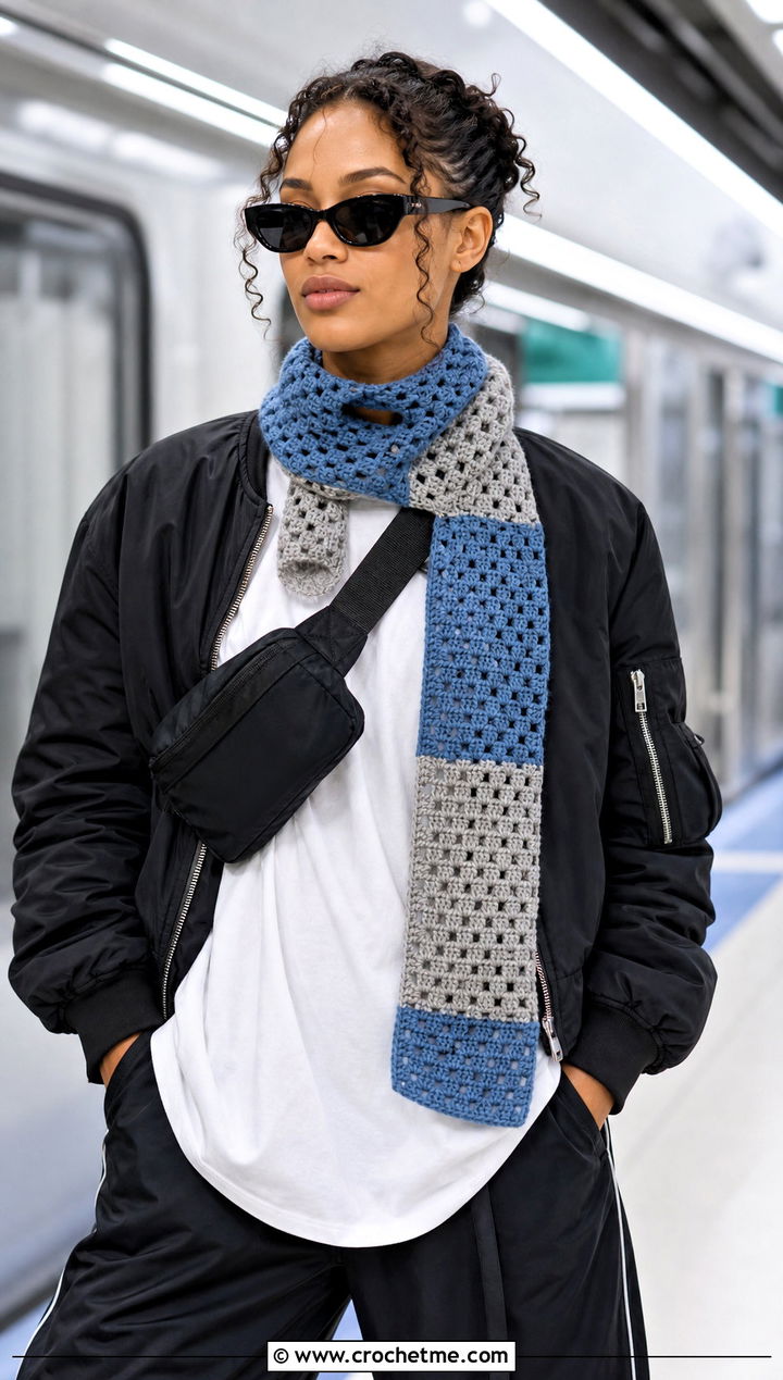 Color Block Keyhole Crochet Scarf With Bomber Jacket - 25 Keyhole Crochet Scarf outfit ideas