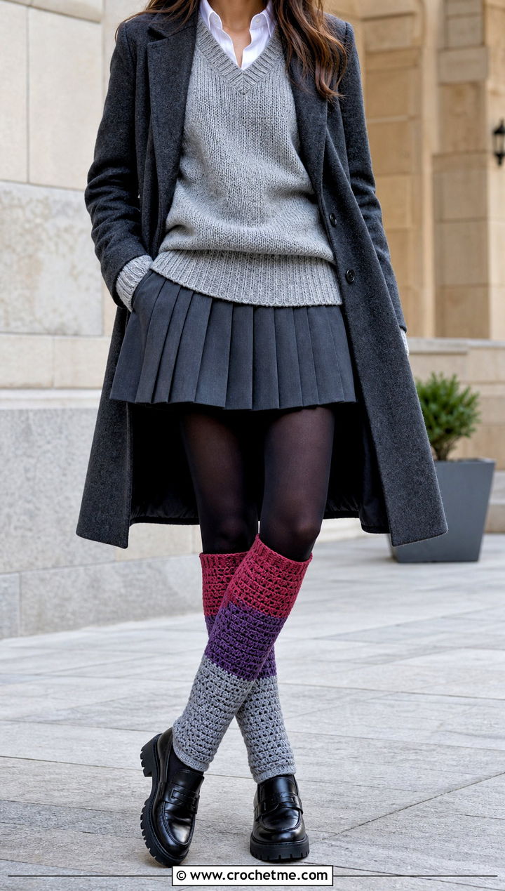 Color Block Knee High Crochet Winter Socks With Pleated Mini Skirt - 30 crochet winter socks outfit ideas