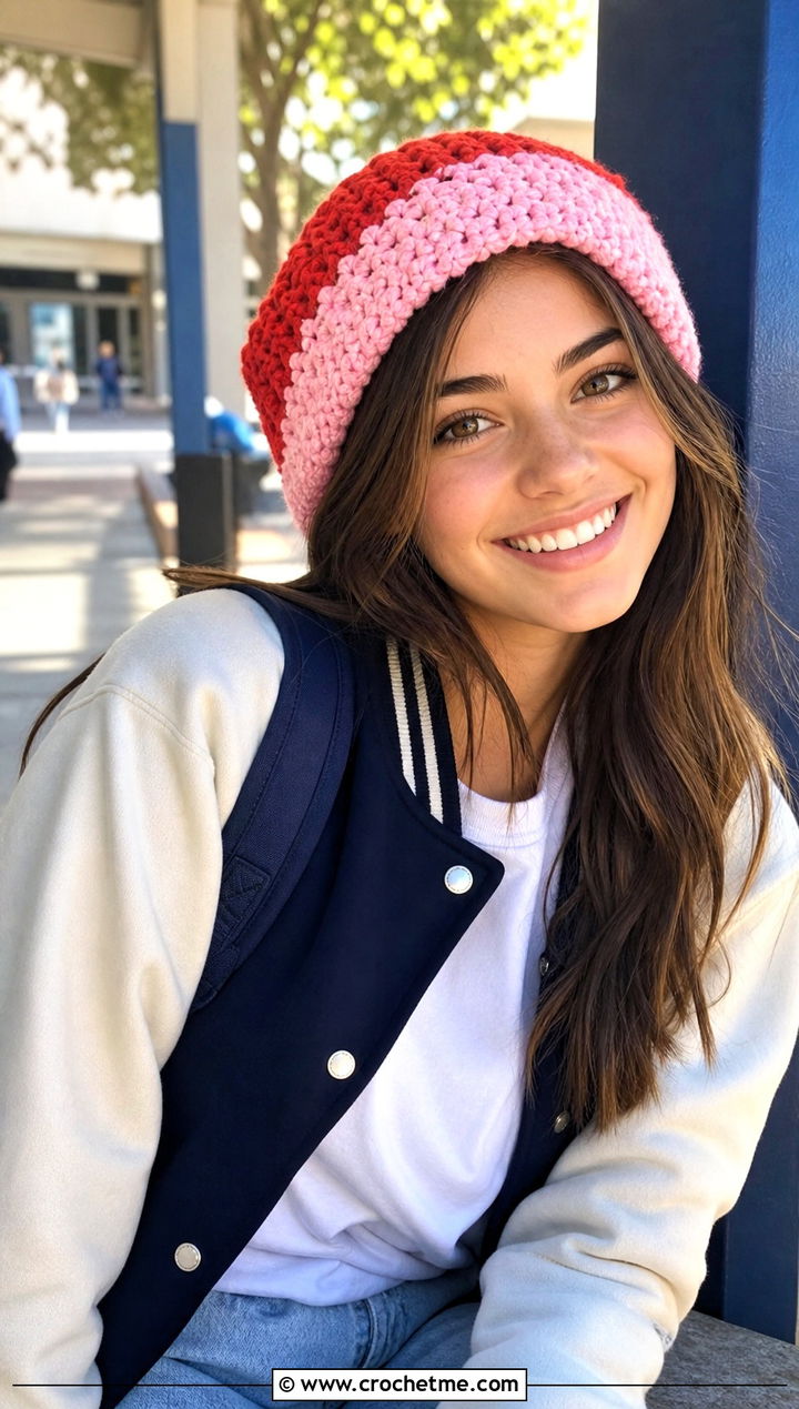 Color Block Knit Look Crochet Beanie With Varsity Jacket - 20 Crochet Beanie That Looks Like Knit outfit ideas