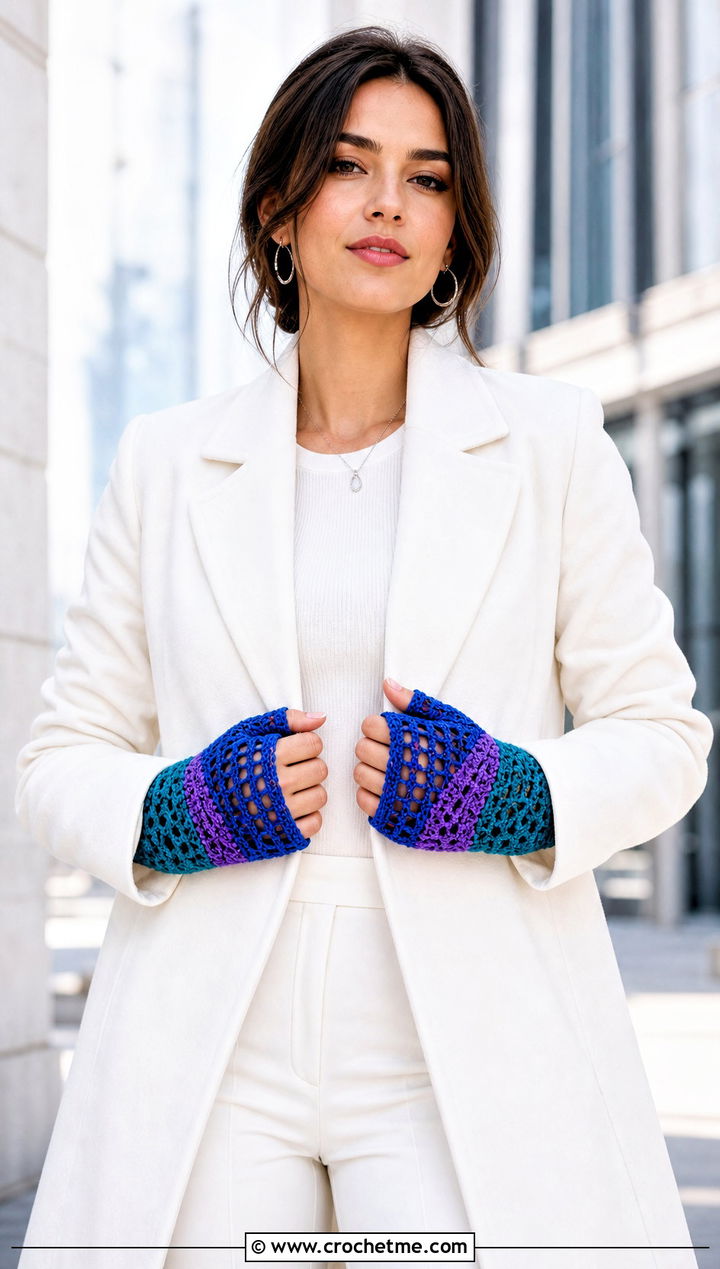 Color Block Lace Fingerless Gloves With Monochrome Outfit - 20 Crochet Lace Hand Warmers outfit ideas