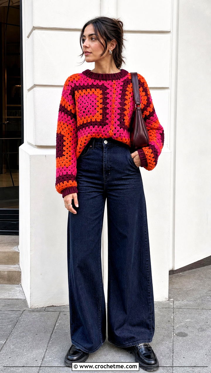 Color Block Large Granny Square Sweater With Wide Leg Jeans - 35 large granny square sweater outfit ideas