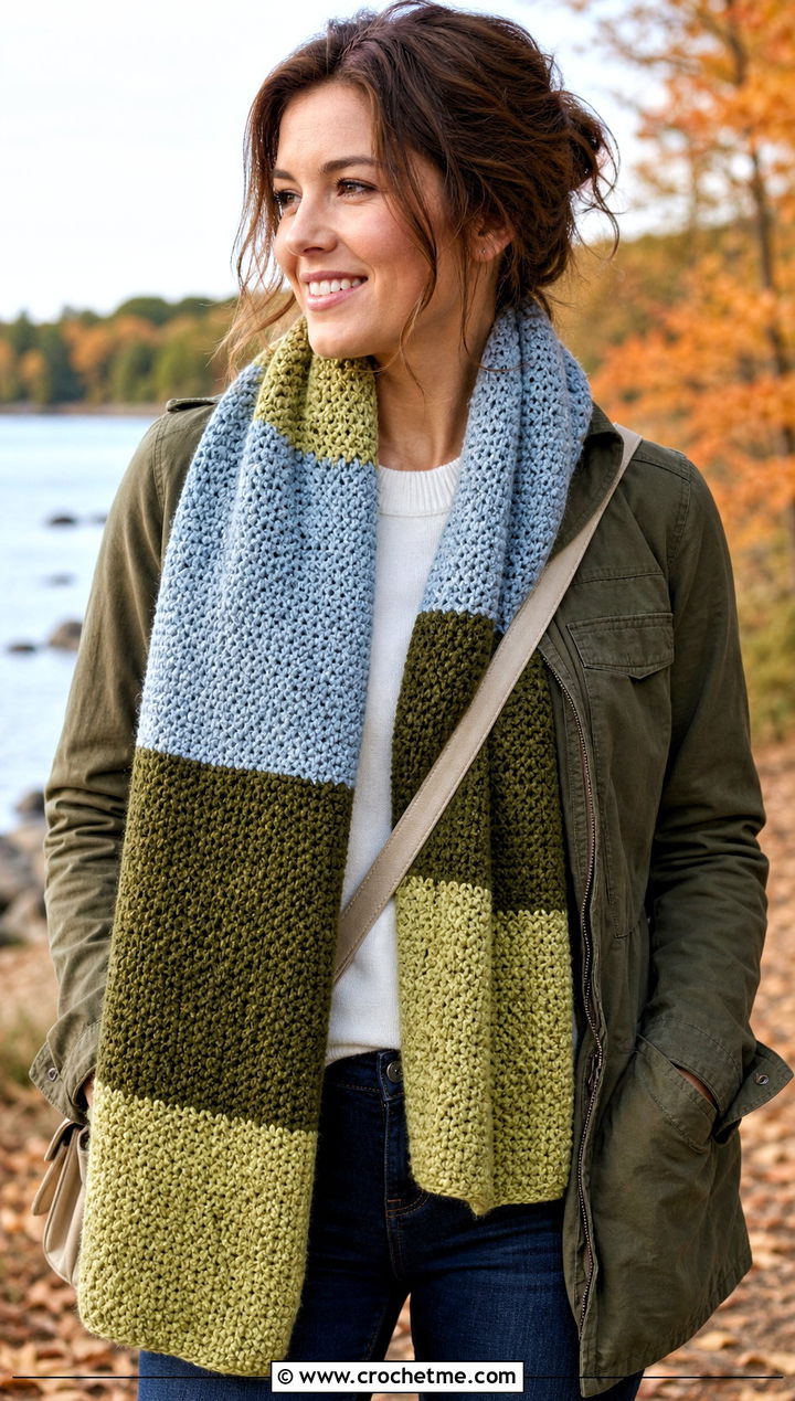Color Block Lemon Peel Stitch Scarf With Utility Jacket - 20 Crochet Lemon Peel Stitch Scarf outfit ideas