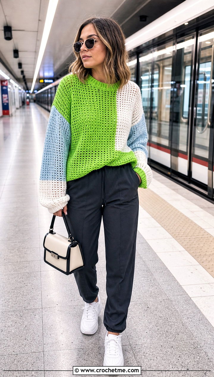 Color Block Light Crochet Sweater With Track Pants - 25 Light Crochet Sweater outfit ideas