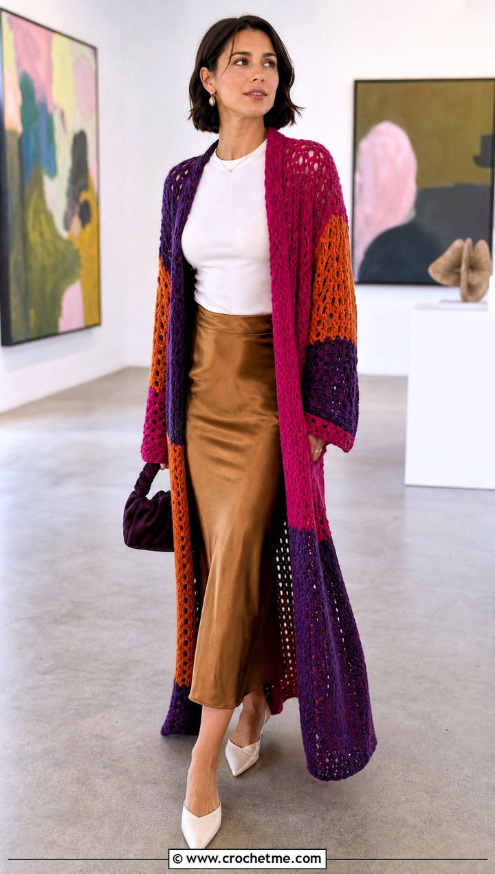 Color Block Long Crochet Duster With Slip Skirt - 25 Long Crochet Duster outfit ideas