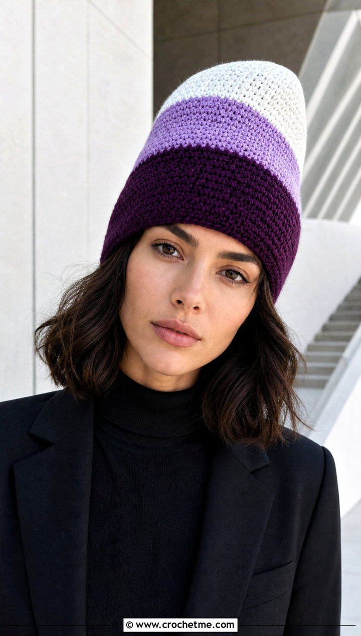 Color Block Long Crochet Hat With Monochrome Outfit - 30 crochet long hat outfit ideas